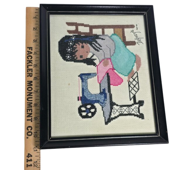 Sundance Tish Cassandra Needlepoint Canvas DeGrazia Girl Sewing Framed Completed - Picture 12 of 12